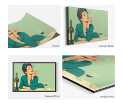 Retro Pop Art Woman Smoking Cigarette with Wine Bottle and Glass, Vintage Comic