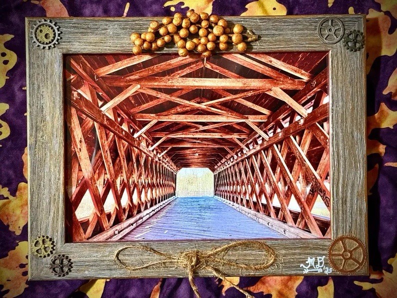 OOAK Framed Photo Sachs Covered HAUNTED Bridge Gettysburg PA Rustic Decor