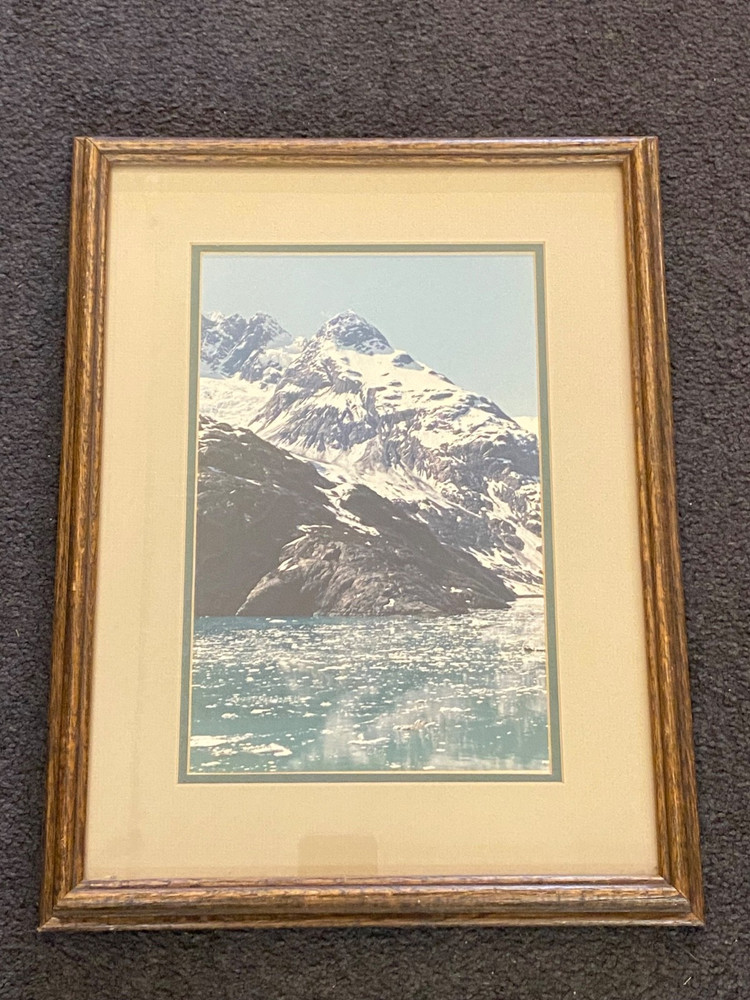 Vintage Snow Ice Mountain Lake Photo Professionally Framed 17.5”x13.5”