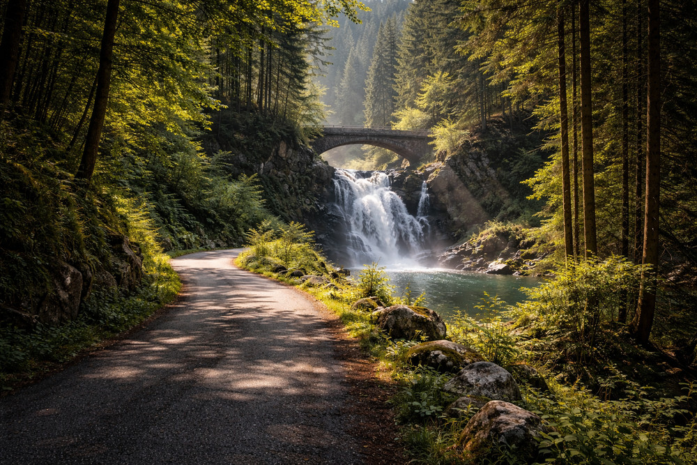 AI Generated Forest Path Waterfall Bridge Nature Landscape Wall Art 45