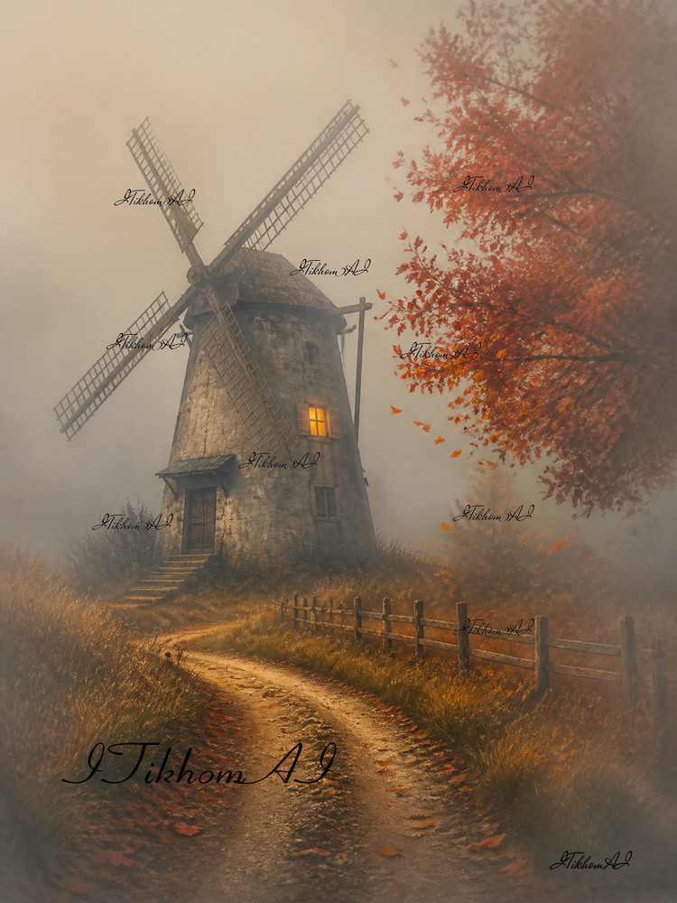 Digital Art Image landscape Nature Autumn Mill Fog House Trees Wallpaper Desktop