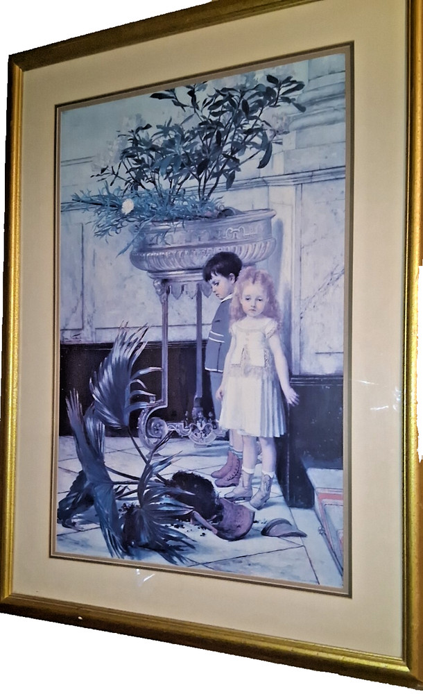 Framed 1990s Vintage Wall Art – Victorian Children with Fallen Plant – 27×38 – G