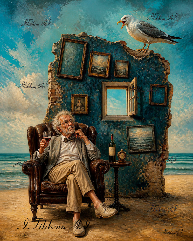 Digital Art Picture Seashore Portrait Old Man Wine Bird Background Wallpaper