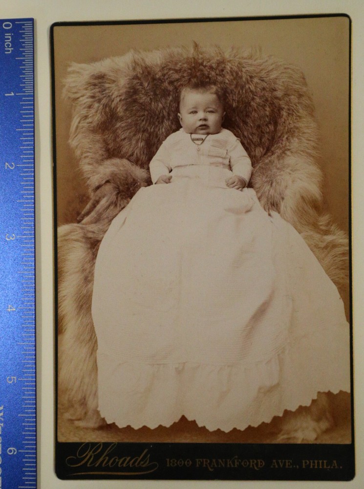 Cabinet Card, 4×6.5, baby in fur covered chair. Rhoads, Philadelphia PA
