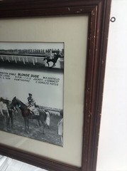rare vintage black & white photograph of jockey, J. combest riding blonde Dude