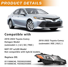 Passenger Side Headlight Assembly Compatible with 2018-2022 Toyota Camry | 2023