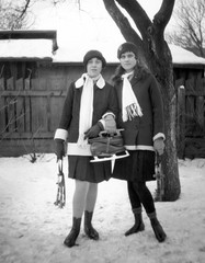 LARGER SIZE PHOTO NEGATIVE, sisters w skates, winter, 1920’s