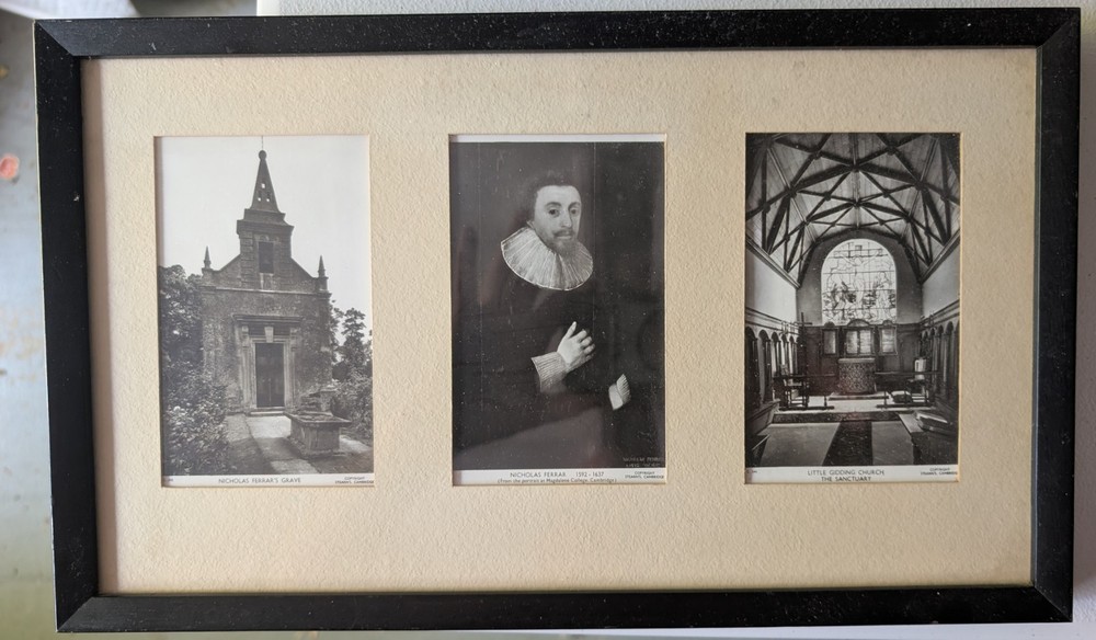 Triptych, framed, Nicholas Ferrar & his grave, & Little Gidding