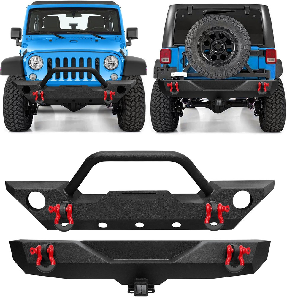 JK Front and Rear Bumper Set Compatible for 2007-2018 Jeep Wrangler JK, Rock Cra
