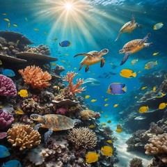 Underwater Of The Sea, Fish Turtle Modern Beach Picture Background Fishing JPEG