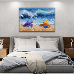 Colorful Sea Turtles Beach Painting, Purple Orange Ocean Blue Waves, Coastal Art