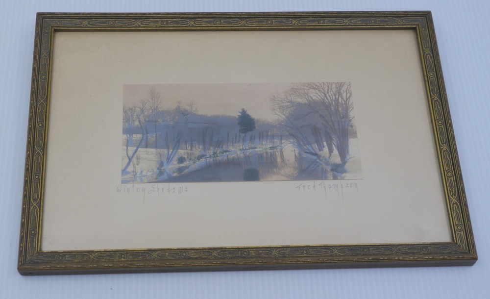 ANTIQUE FRED THOMPSON SIGNED HAND COLORED ART PHOTOGRAPH, WINTER SHADOWS