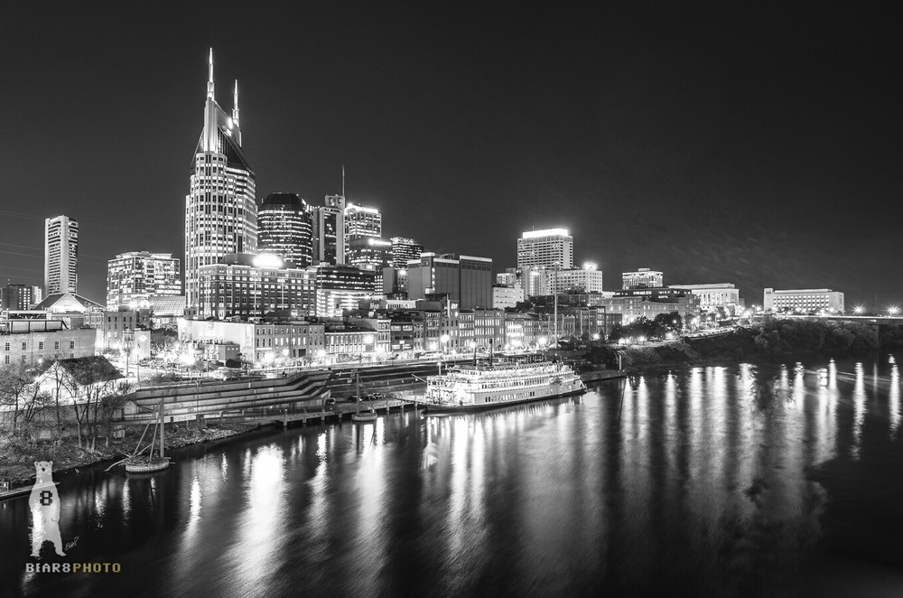 Downtown Nashville Skyline at Night – Black and White Photography Prints