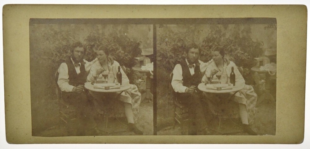Stereo Albumin View on Cardboard, Couple Posing with Table, circa 1870