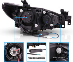 Black Projector Headlights with Glow Bar for 2014-2017 Mazda 6 (Pair) High/Low B