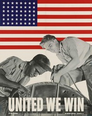 WWII UNITED WE WIN Howard Liberman Intergrated Factory Workers Repro Poster