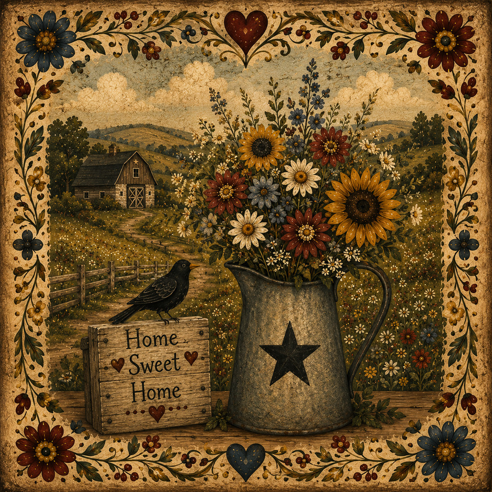 Home Sweet Home Folk Art Wildflower Pitcher | Primitive Farmhouse Cottagecore