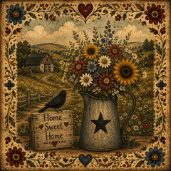 Home Sweet Home Folk Art Wildflower Pitcher | Primitive Farmhouse Cottagecore