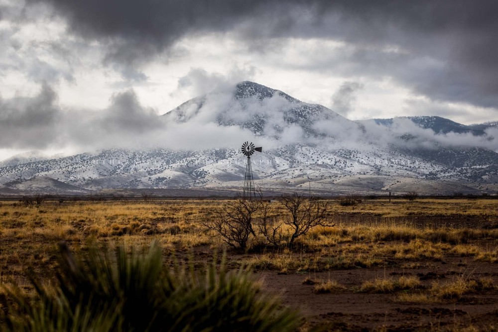 Western Photography Print – Picture of Old Windmill and Snowy Peak in New Mexico