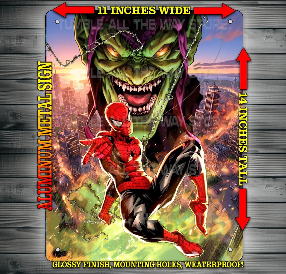 Spiderman and Green Goblin NY Skyline Comic Book Metal Sign Wall Art 14″ x 11″