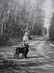 Vintage 1970 Lansing MI Artist Photo Print – Lg 11×13 B/W – Boy Hunting w/Dog