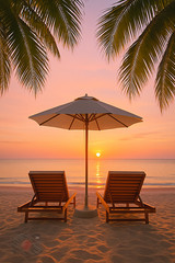 Digital Photo Art Wallpaper,Tropical Beach Sunset with Umbrella and Lounge Chair