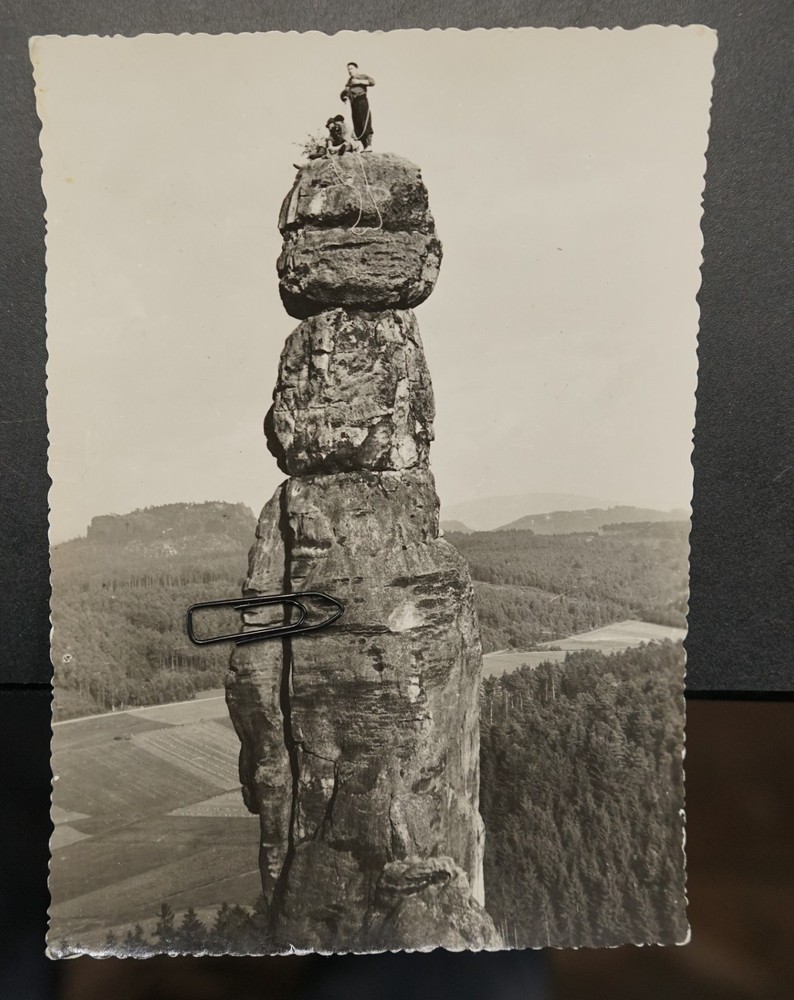 Photo postcard view GDR Saxon Switzerland mountaineer climber Pfaffenstein