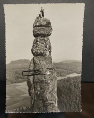 Photo postcard view GDR Saxon Switzerland mountaineer climber Pfaffenstein