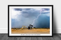 Storm Photography Print – Picture of Lightning Bolt and Pump Jacks in Oklahoma