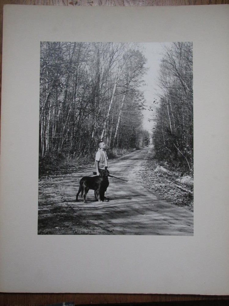 Vintage 1970 Lansing MI Artist Photo Print – Lg 11×13 B/W – Boy Hunting w/Dog