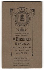 Photograph A. Birkholz, Berlin, Weidenweg 35, monogram of the photographer with Verz