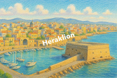 Heraklion on a Sunny Day, Coloured Pencil Art Panorama (AI GENERATED IMAGE)