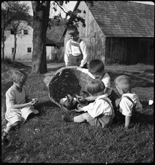 HART village, Austria, children w rabbits, by Eduard PEZDIKA, vintage fine art n