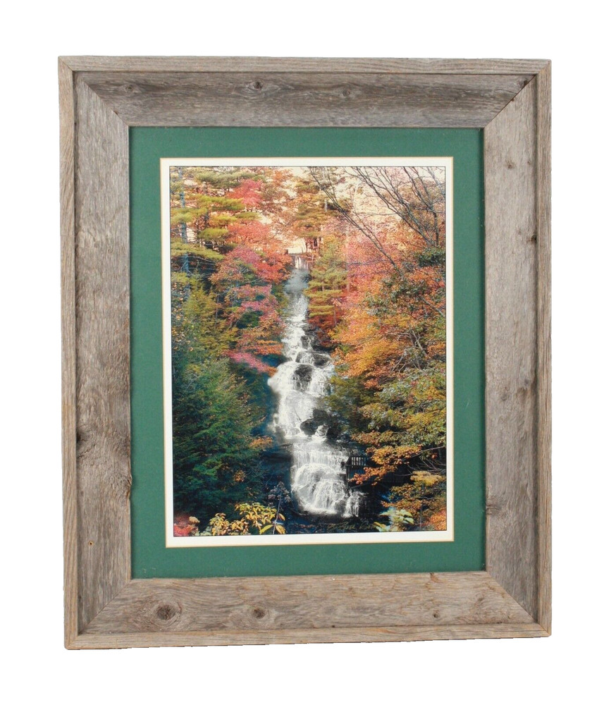 Vintage Waterfall Photo With Rustic Wooden Frame Green Matting By Bill Bates