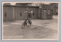 Man Rides Bike Backwards – Stunt Garages – Vintage Photo 1950s 1960s