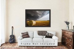 Country Photography Print – Storm Over Round Hay Bale on Stormy Day in Kansas