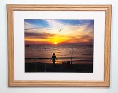 beach photographs in frames, colored photograph, ocean,sunset, framed and matted