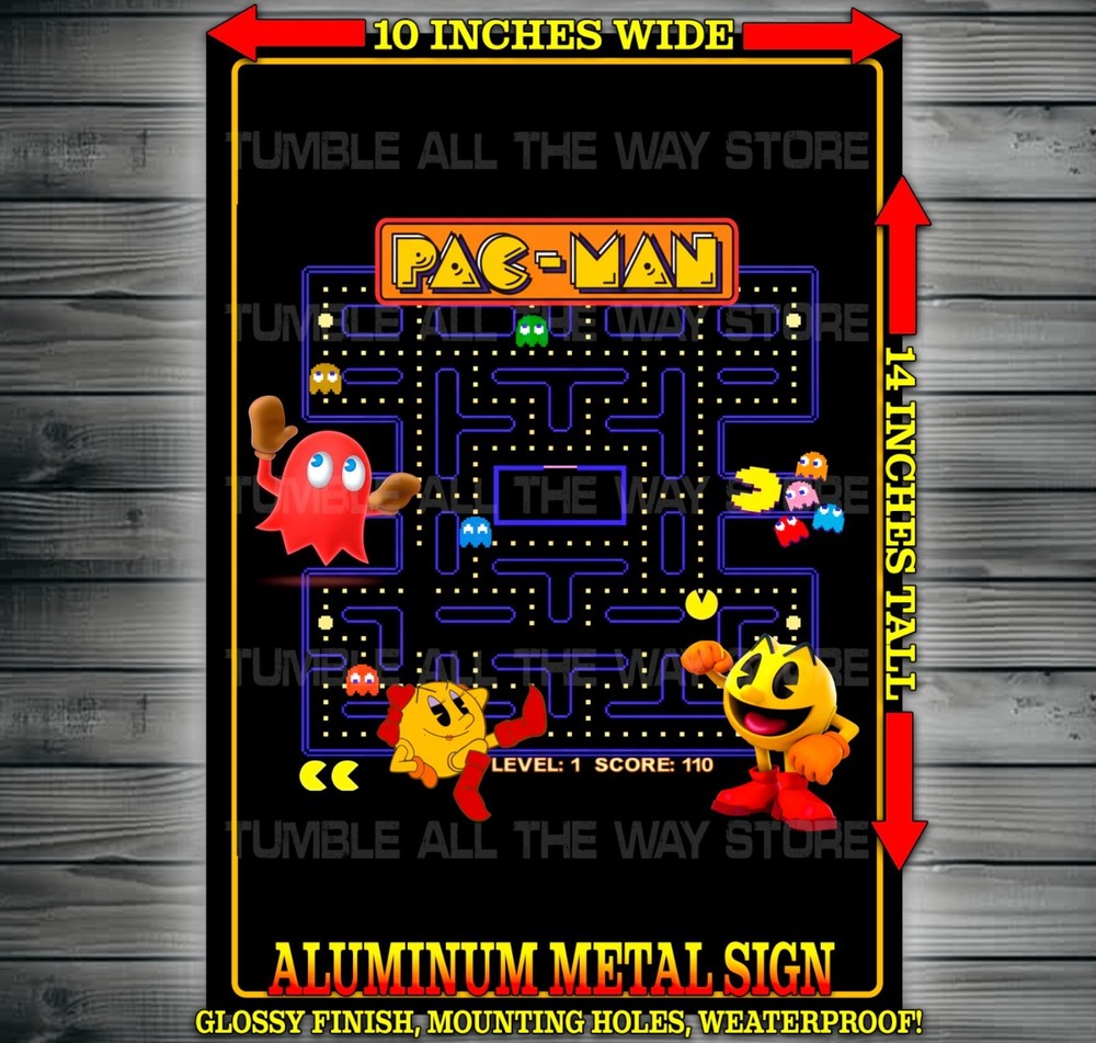 Pac Man and Mrs Pac Man Videogame Metal Sign Wall Art 10″ x 14″