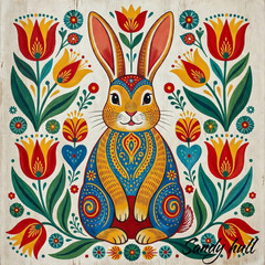 Scandinavian Folk Bunny in Bloom | Colorful Floral Rabbit Wall Art | Whimsical C