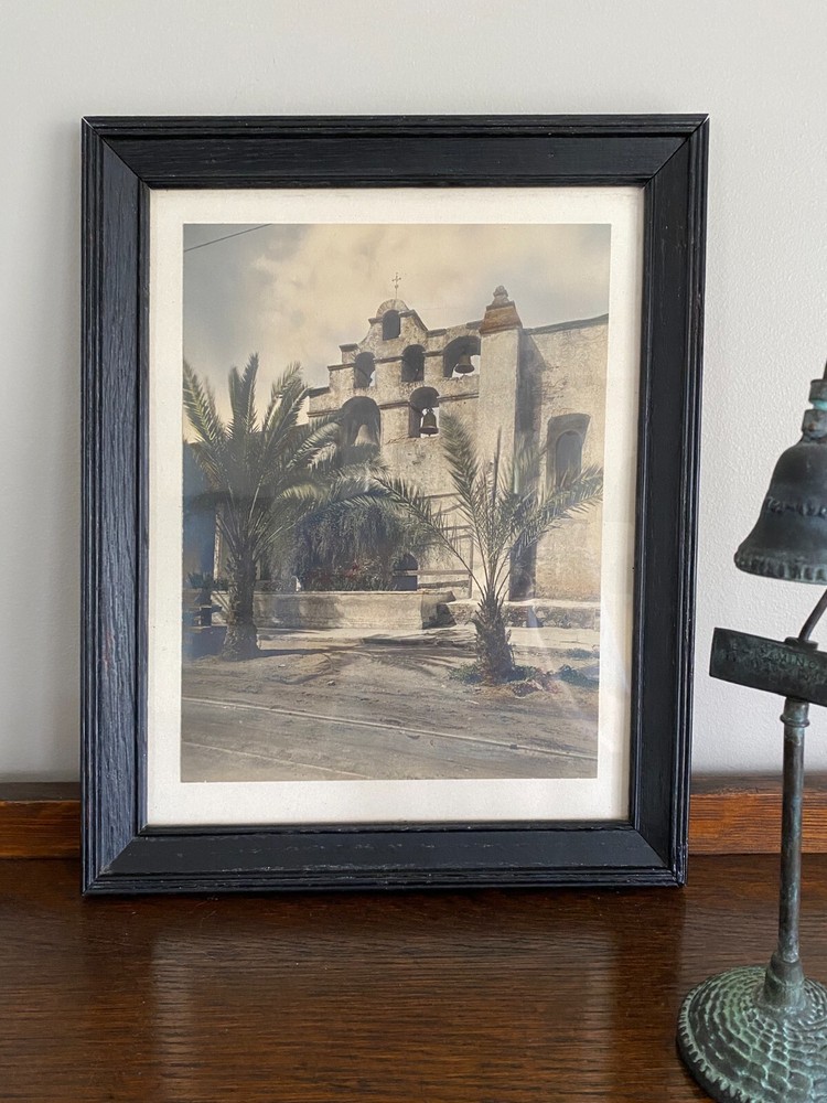 Vintage Wood Framed Hand-Tinted Early Photo Mission San Gabriel, Calif.