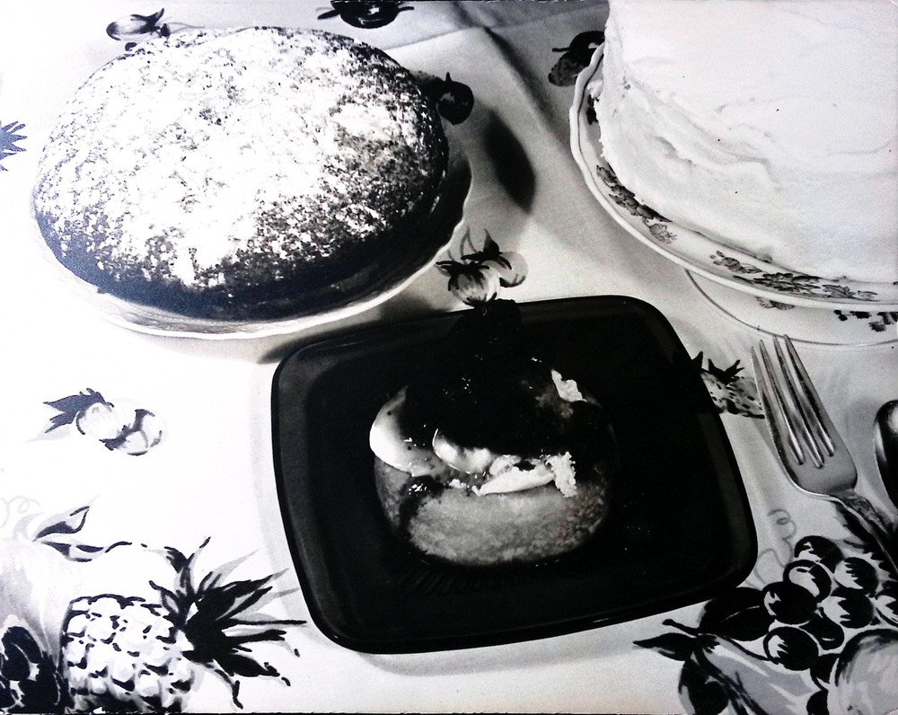 Vintage Art Board Photograph Dessert Display on a Floral Tablecloth in Black and