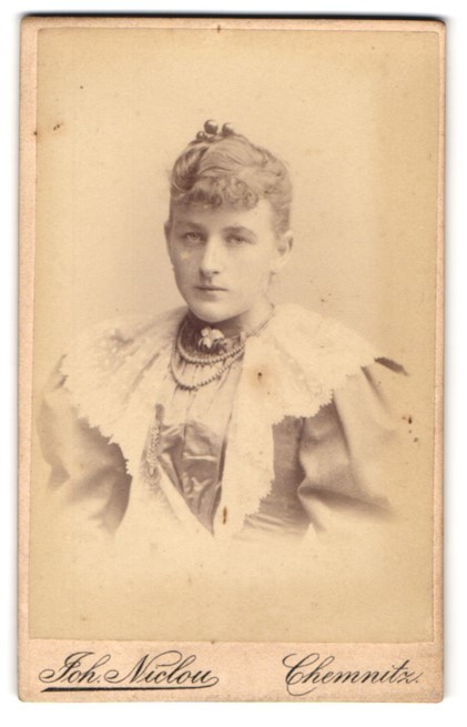 Photograph Joh. Niclou, Chemnitz, Königstr. 5, Young Lady In Bright Dress With P