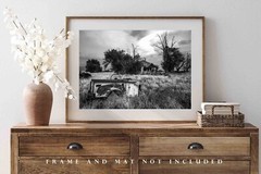 Rusted Pickup Bed and Abandoned House Oklahoma Black and White Photography Print