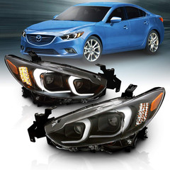 Black Projector Headlights with Glow Bar for 2014-2017 Mazda 6 (Pair) High/Low B