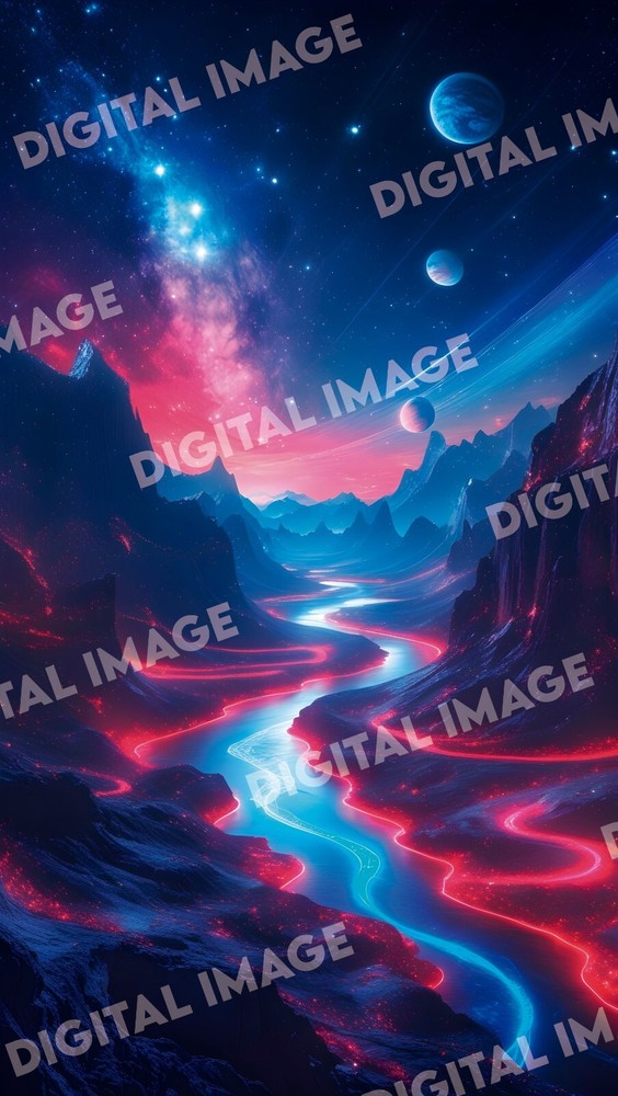Celestial Landscape Digital Art – Glowing Nebula, Stars & Cosmic Fantasy Print