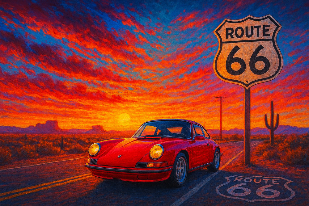 Route 66 Red Luxury Sports Car Digital Image