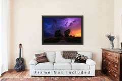 Stormy Sky with Lightning Over Road and Trees in Oklahoma Photo Print (Unframed)