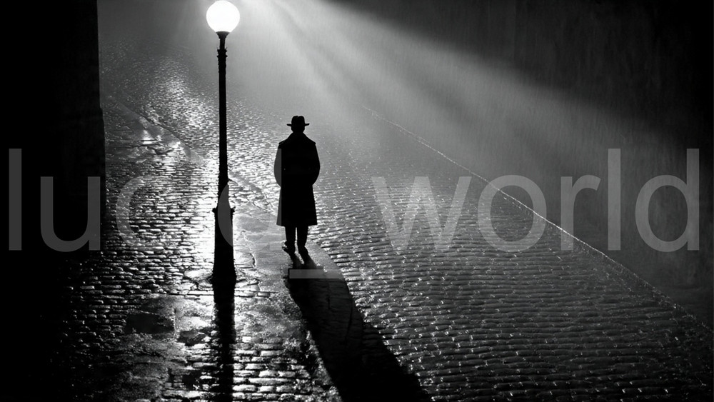Night Street Lamp Post Man Cobblestone Rain B&W Ai Art Digital Download PNG File