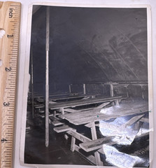 Vintage Black and White Photo of Interior Large Tent with Picnic Tables