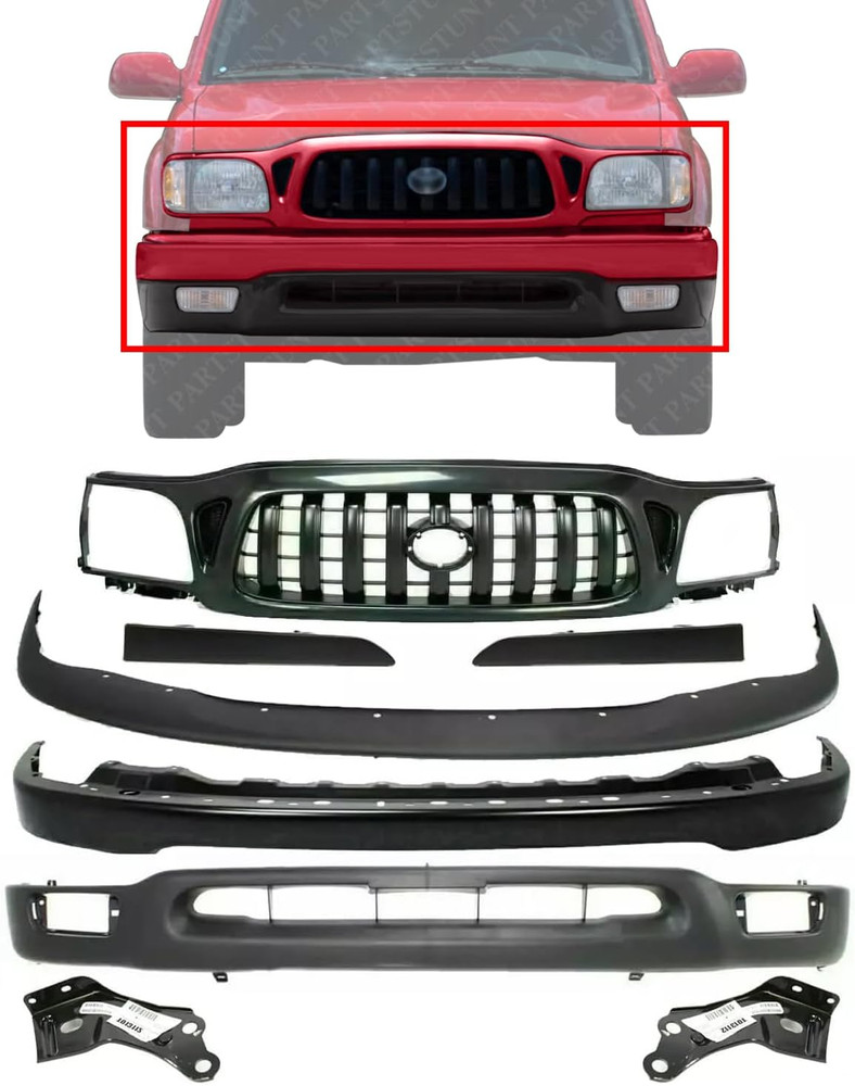 Front Bumper Steel + Grille + Upper Cover Primed + Lower Valance + Headlight Fil